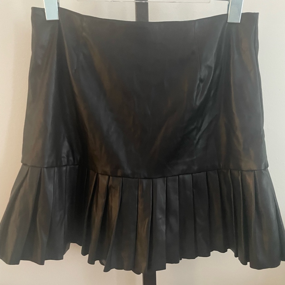 Black Pleated Faux Leather Skirt